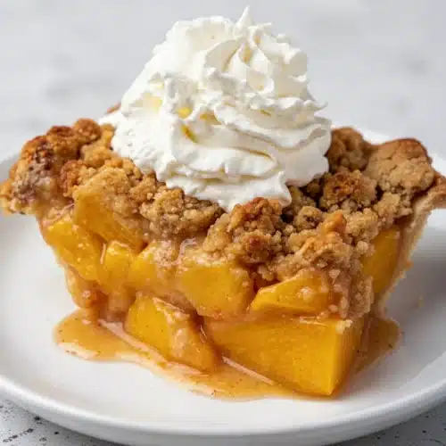 Delightful Peach Crumb Pie for Sweet Moments 2 A slice of peach crumb pie with whipped cream on a white plate