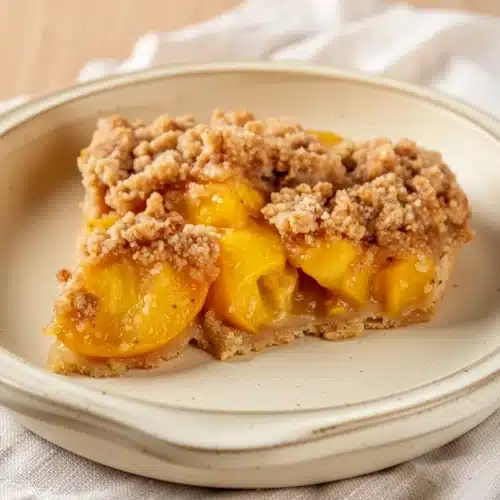Peach Crumble Pie: A Delightfully Crispy Dessert 2 A slice of peach crumble pie with juicy peaches and crispy topping on a plate