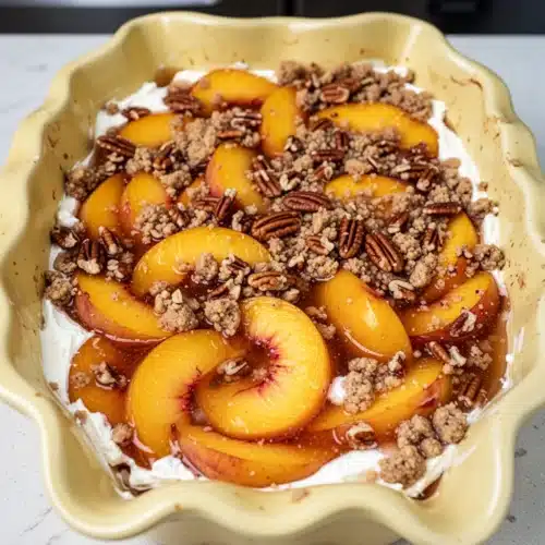 Peach Delight Recipe: A Creamy, Irresistible Dessert 2 Peach delight recipe dessert with fresh peaches and creamy layers in a yellow dish
