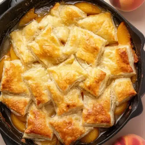 Delicious Peach Puff Pastry Bake: A Sweet Treat 2 Golden peach puff pastry bake in a skillet with flaky pastry and juicy peaches