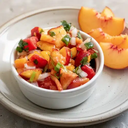 Peach Salsa: A Refreshing Summer Delight 2 Fresh peach salsa in a white bowl with colorful chunks of fruit and vegetables, garnished with cilantro