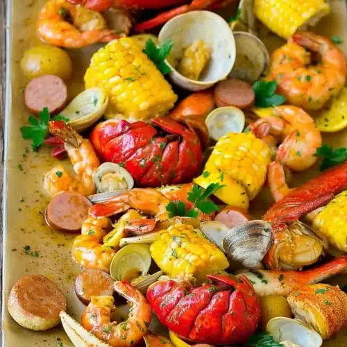 Easy and Delicious Seafood Boil Recipe for Family Fun 1 Seafood boil with lobster, shrimp, corn, clams, and sausage on a platter