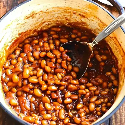 Smoky, Sweet Homemade Beans: A Delicious Comfort Food 1 Smoky, sweet homemade beans in a Dutch oven with a serving spoon