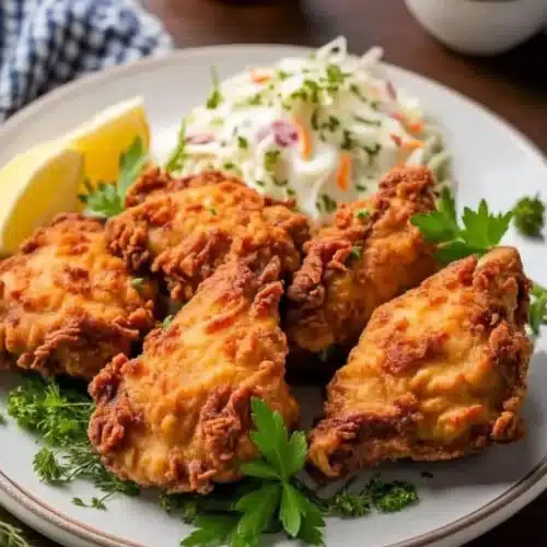 Southern Fried Chicken Batter: Crispy and Delicious 1 Crispy southern fried chicken batter with coleslaw and lemon on a plate