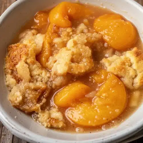 Southern Peach Cobbler Made Easy and Delicious 2 Southern peach cobbler in a white bowl with a wooden spoon, served warm with juicy peaches and golden topping