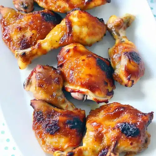 Two Ingredient Crispy Oven Baked BBQ Chicken: Deliciously Easy! 1 Crispy oven baked BBQ chicken with sticky glaze on white plate