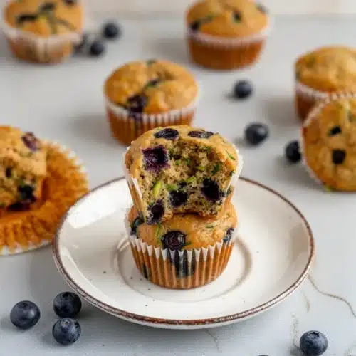 Yummy Blueberry Zucchini Muffins: A Delightful Treat 2 Yummy blueberry zucchini muffins stacked on a plate with fresh blueberries