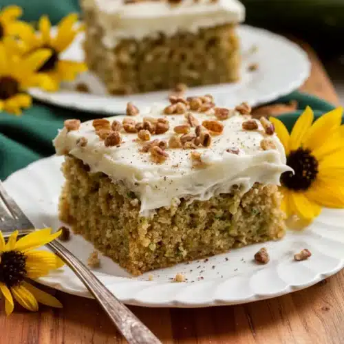 Moist Zucchini Cake with Cream Cheese Frosting: Irresistibly Delicious 2 Moist zucchini cake with cream cheese frosting and pecans on a plate