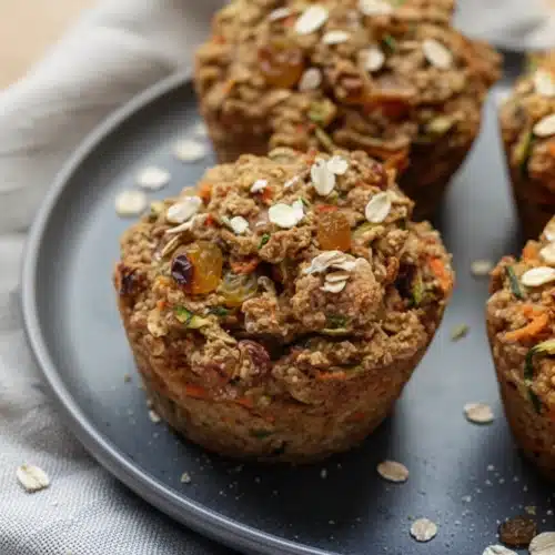 Zucchini Carrot Breakfast Muffins: Deliciously Healthy! 2 Zucchini carrot breakfast muffins with oats and raisins on a plate