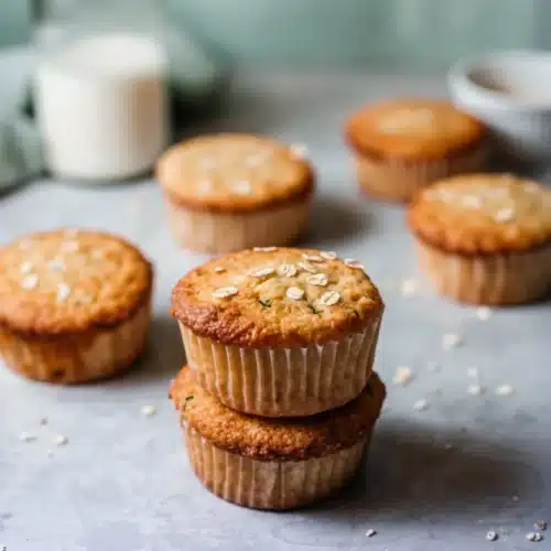 Delicious Zucchini Vanilla Muffins You’ll Adore 2 Zucchini vanilla muffins stacked with milk bottle in background