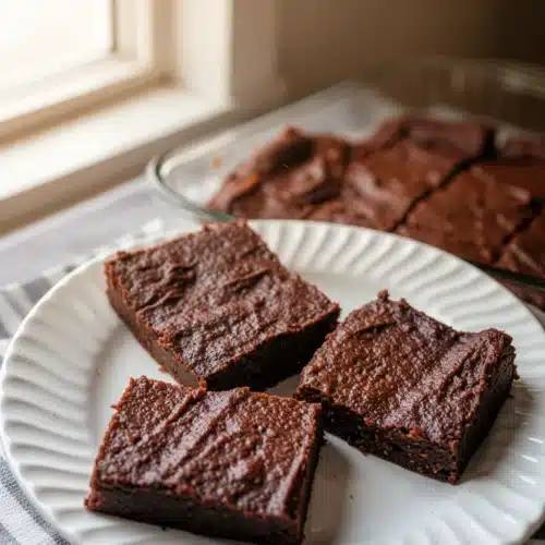 2 Ingredient Pumpkin Brownies: Deliciously Simple Treats 1 Three 2 ingredient pumpkin brownies on a white plate with baking dish in background