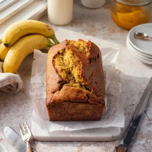 Moist banana and pumpkin bread loaf with fresh bananas and pumpkin puree nearby