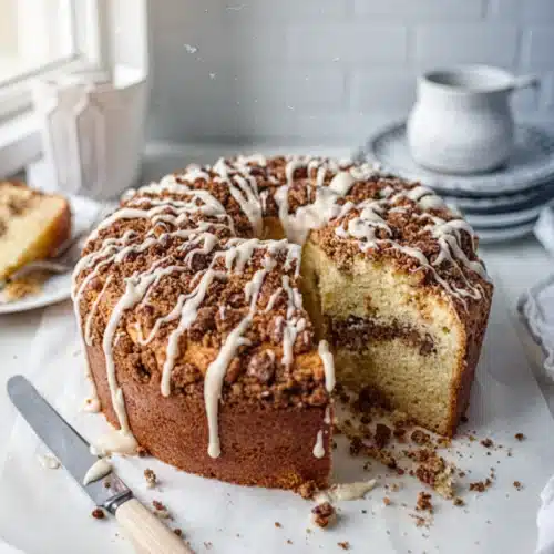 The Best Coffee Cake Recipe: Irresistibly Moist and Flavorful 1 Best coffee cake recipe with crumb topping and vanilla glaze, sliced and served