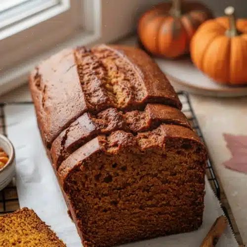 Moist vegan pumpkin bread loaf with cinnamon sticks and fall decor
