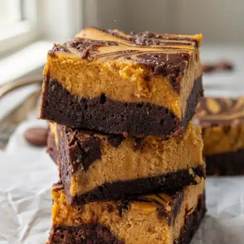 Brownie mix with pumpkin swirl, fudgy chocolate and creamy pumpkin layers, stacked slices