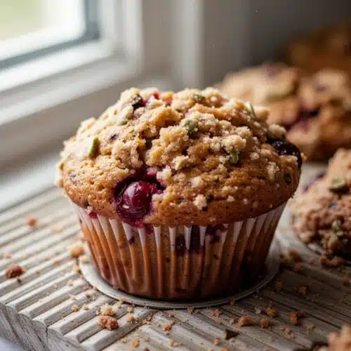 Cranberry Muffin Delight: A Family Favorite 1 Golden cranberry muffins with crumb topping in a muffin tin