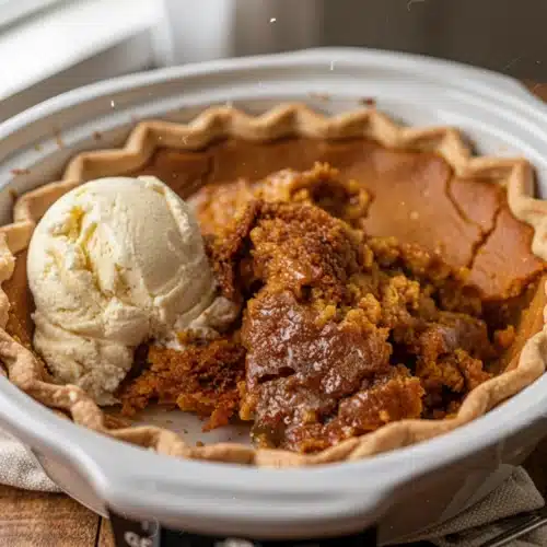 Crock Pot Pumpkin Pie: A Delightful Fall Dessert 1 Crock pot pumpkin pie pudding with vanilla ice cream on a white plate
