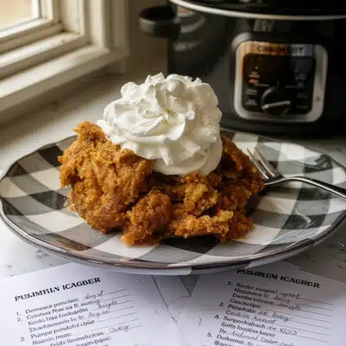 Crockpot Pumpkin Cobbler Recipes: Cozy Autumn Delight 1 Crockpot pumpkin cobbler with whipped cream and pumpkin in background