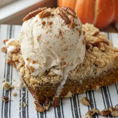 Dairy Free Pumpkin Dump Cake: A Deliciously Easy Dessert 1 Dairy free pumpkin dump cake slice with ice cream and pecans on striped plate