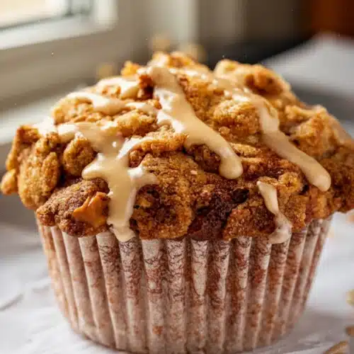 Fall Flavor Muffins: Indulgent Autumn Delights 1 Fall flavor muffin with maple streusel and glaze, golden brown and crispy
