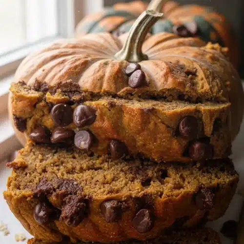 Healthy Pumpkin Oat Flour Bread: A Delicious Delight 1 Healthy pumpkin oat flour bread with chocolate chips, sliced and served on a white plate