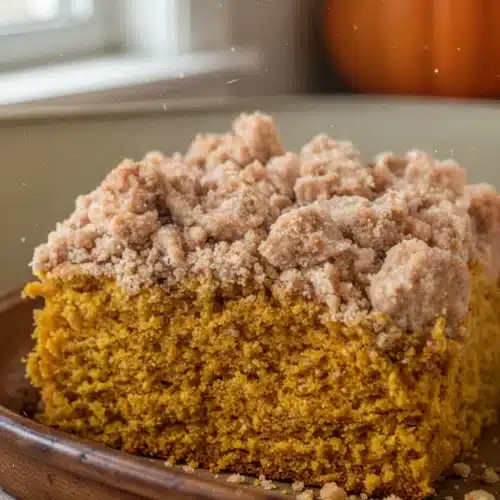 Moist pumpkin crumb cake with crunchy topping, perfect for fall baking.