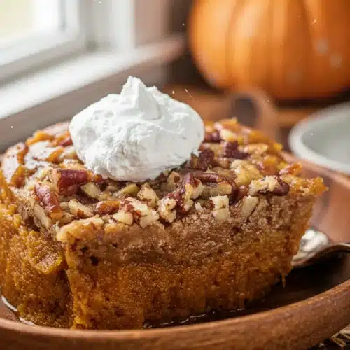 How to Make Pumpkin Upside Down Cake: A Delightful Treat 1 Slice of pumpkin upside down cake with whipped cream and pecans
