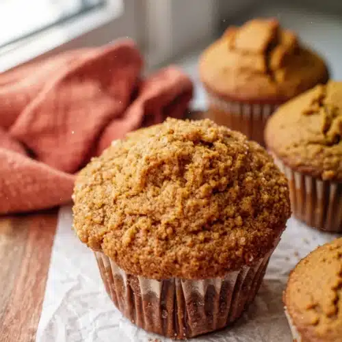 Delicious Mini Pumpkin Muffins to Fall in Love With 1 Mini pumpkin muffin with crumb topping on parchment paper